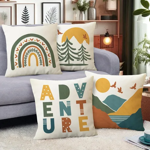 Vista 6 de Fahrendom Fundas Decorativas para Cojines de Aventura Boho 16 x 16 Pulgadas Juego de 4, Funda de Almohada Bohemia Arcoíris Montaña Bosque Porche