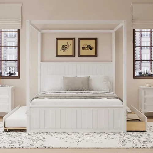 Vista 8 de Moderna plataforma de cama con dosel con dosel, tamaño Queen con cabecera de canal, plataforma de diseño de dosel de madera maciza con nido y 3