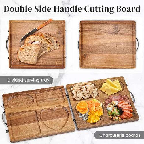 Vista 2 de Double Side Acacia Wood Serving Tray, Serving Platters and Trays, Charcuterie Boards Wooden Tray with Vintage Metal Handles, Wooden Cutting Boards