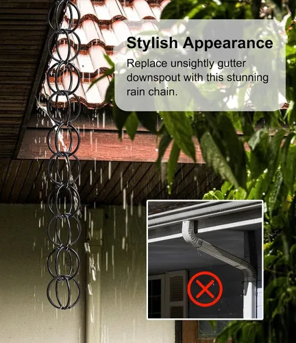 Vista 2 de Ring Rain Chain Diverter Replacement Gutter, Rust-Resistant Aluminum Alloy Rain Catcher Chain, Black Home Decor Eaves Drainage Gutter Chain(1m