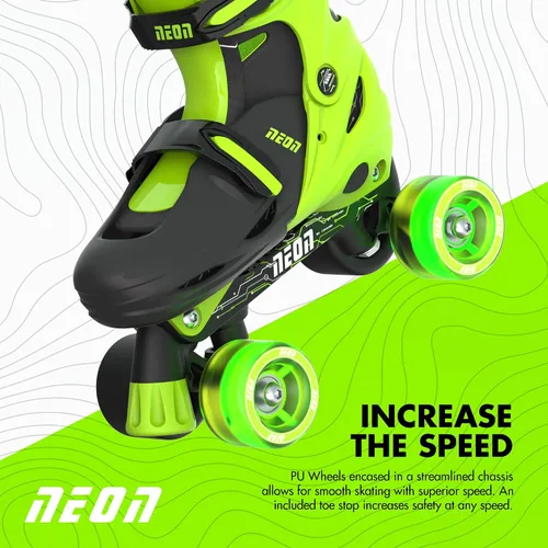 Vista 4 de Yvolution Patines combinados de neón, patines 2-1 cuádruple y en línea para niños con ruedas LED, tamaño ajustable (verde, 3 a 6)