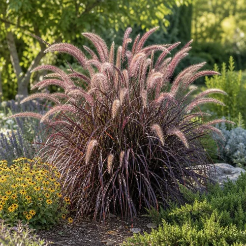 Vista 2 de Hierba de fuente roja 3 plantas vivas Pennisetum Setaceum Rubrum Hierba ornamental floreciente