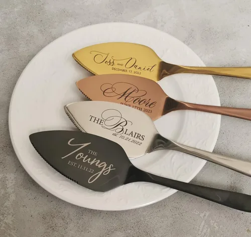 Vista 6 de Personalized Wedding Cake Serving Set, Custom Pie Cutting Tools Gift, Engraved Stainless Steel Knife Server Forks Kit, Anniversary, Birthday, Bridal