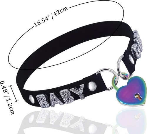 Vista 2 de Collar de candado de corazón hecho a mano para mujer, con llave, estilo gótico, punk, con letras de terciopelo y llavero de cuero