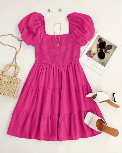 Vista 7 de ZESICA Vestido corto bohemio de verano para mujer, con cuello cuadrado, manga abombada, hombros descubiertos, fruncido, escalonado, casual