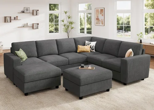 Vista 17 de HONBAY Sofá modular de pana con almacenamiento, sofá en forma de U con diván, sofá modular de 7 plazas para sala de estar, color beige