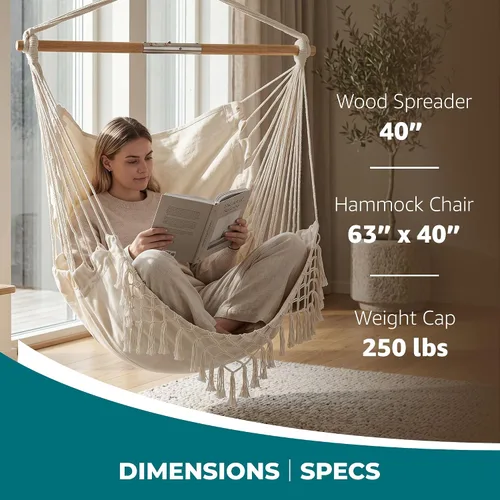 Vista 3 de Bliss Hammocks BHC-412FR - Silla hamaca con flecos de cuerda de isla de 40 pulgadas con herrrajes para colgar y barra separadora, para usar al aire