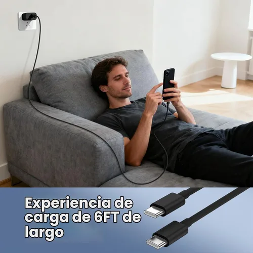 Vista 8 de Cargador para iPhone 17/16/15 Pro/Pro Max, cargador de pared USB-C de doble puerto con PD 40 W y carga rápida QC 20 W, cable USB-C de 10 pies