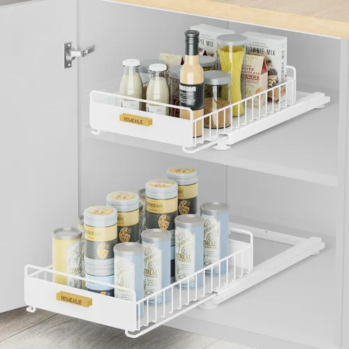 Vista 17 de Organizador bajo el fregadero, Organizador de 2 niveles alto y ajustable bajo el fregadero de la cocina, estante de almacenamiento multiuso