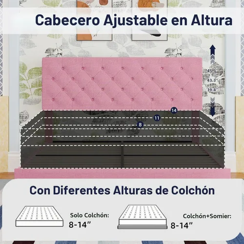 Vista 5 de BarnFurin Marco de cama tamaño completo con cabecero, cama de plataforma tapizada con cabecera acolchada con botones ajustables, marco de cama