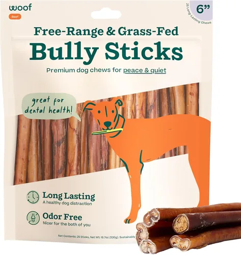 Vista 11 de WOOF Bully Sticks Golosinas para Perros - Palitos Masticables para Perros - Golosinas Masticables para Perros de Larga Duración - Hechos con Carne