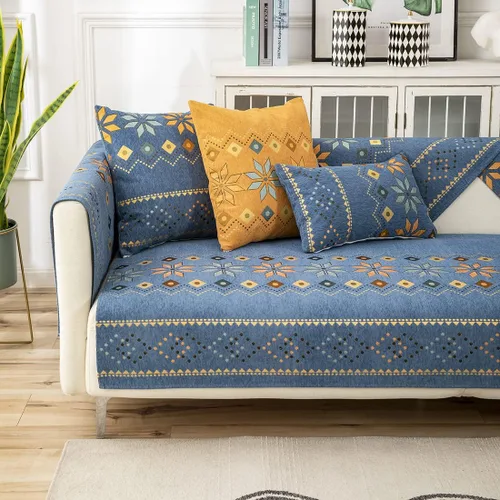 Vista 5 de Funda de sofá de chenilla para sofá modular, diseño geométrico bohemio y jacquard antideslizante, protector de muebles para niños, perros y Azul