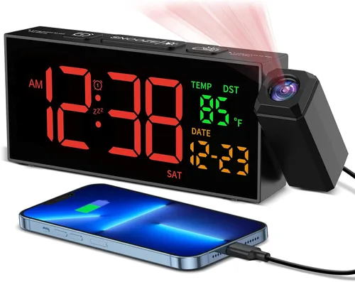 Vista 8 de Netzu Reloj de proyección para techo de dormitorio, despertador, color Blanco y RGB