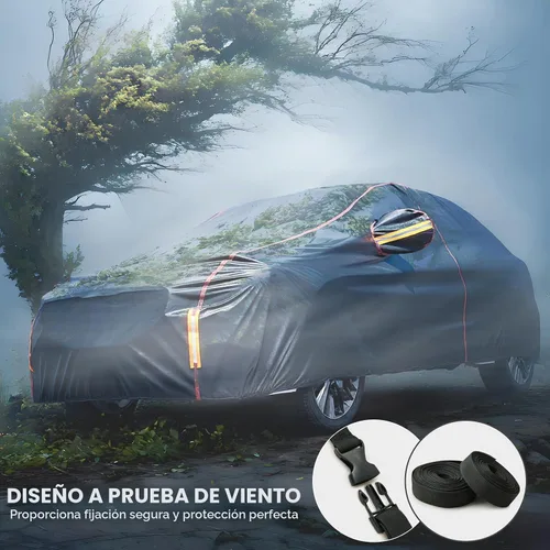 Vista 2 de Funda impermeable para automóvil para todo tipo de clima, 6 capas exteriores completas con cremallera de algodón, bolsillo de espejo. Funda de Negro
