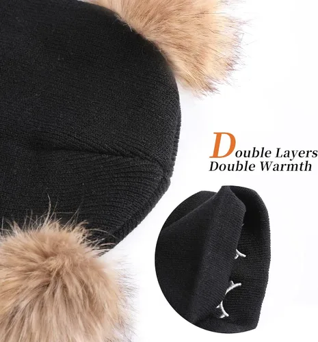 Vista 5 de Muryobao Gorro de invierno para mujer, suave y cálido, con cierre de calavera, con doble pompón, orejas