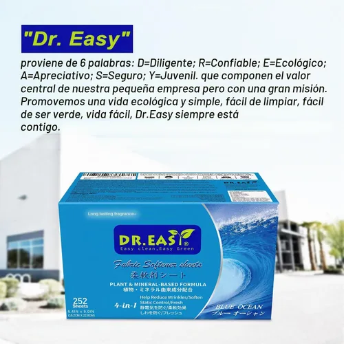 Vista 6 de DR.EASY - Hojas de secado a base de plantas, fórmula de 252 unidades, azul océano, hojas suavizantes para lavandería, sin perfume, sin colorantes