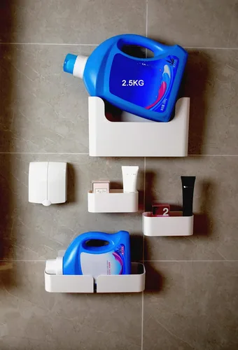 Vista 5 de Estantes adhesivos para montar en la pared, juego de 4 cubos de almacenamiento duraderos de plástico ABS para colgar, color blanco, excelente