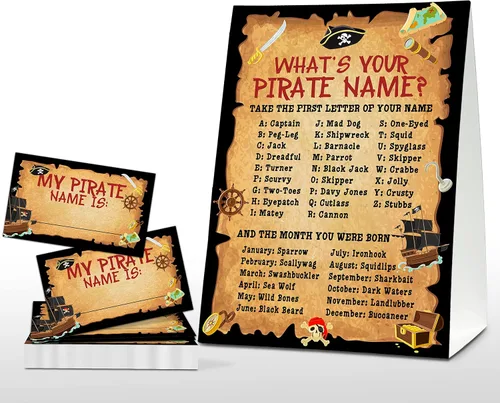 Vista 10 de Juego de "What's Your Pirate Name" - Juegos vintage de fiesta de cumpleaños pirata para niños - Actividad escolar familiar en el aula - 1 letrero