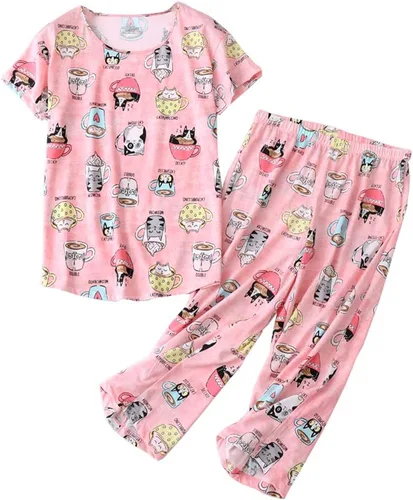 Vista 15 de ENJOYNIGHT Conjuntos de pijama de algodón para mujer, pijamas de verano con pantalones capri, ropa de dormir Gato negro