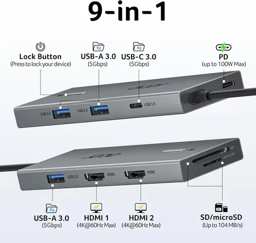 Vista 2 de Acer Estación de acoplamiento USB C con monitor dual con 2 HDMI, estación de acoplamiento para laptop 9 en 1 con HDMI 4K@60Hz, USB A y C 3.0