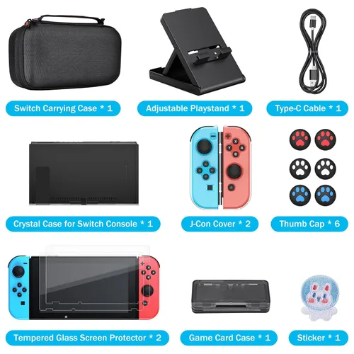 Vista 3 de Younik Paquete de accesorios para interruptores, kit de accesorios 16 en 1 (no OLEDLite) incluye funda de transporte para interruptor, funda