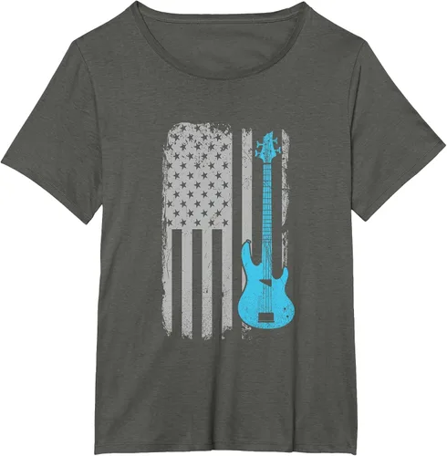 Vista 83 de Electric Bass Guitar Player American Flag Musician T-Shirt Asphalt Grey