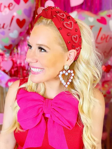 Vista 4 de MOLOCH Diadema de corazón rosa para mujer con diamantes de imitación, diadema de corazón con nudo de cristal, banda ancha de terciopelo a la moda