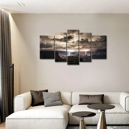 Vista 2 de So Crazy Art® Cuadros para pared de 5 unidades, diseño: rayos en el Gran Cañón y nubes oscuras, imágenes impresas en una lona, imagen decorada