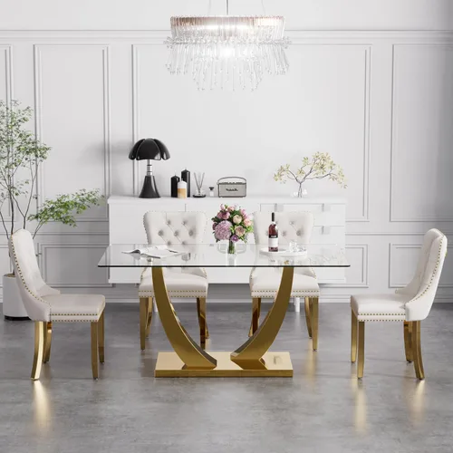 Vista 2 de Juego de mesa de comedor de cristal moderno de mediados de siglo para 4, 63 pulgadas, juego de comedor rectangular grande de lujo con parte superior