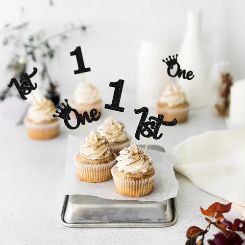Vista 7 de 24 piezas de adornos para cupcakes de primer cumpleaños con purpurina, decoraciones de pastel de primer cumpleaños, palillos para cupcakes "One