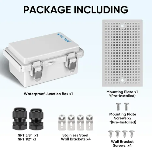 Vista 6 de TICONN - Caja de conexiones eléctricas impermeable IP67 con carcasa de plástico ABS con tapa con bisagras con placa de montaje, soportes de pared