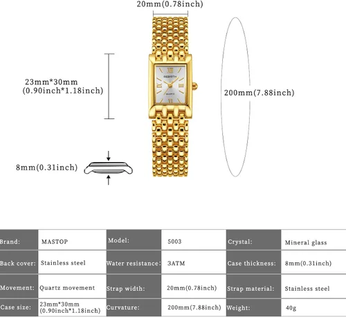 Vista 6 de MASTOP Gold Watches for Women Vintage Rectangle Quartz Watch 30M Waterproof Stainless Steel Bracelet Adjustable Ladies Wristwatch