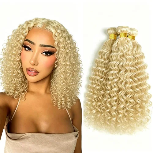 Vista 104 de P4613 Cabello humano rizado onda profunda marrón y paquetes mixtos 8 10 12 P4613 Ombre Marrón-Rubio-DP