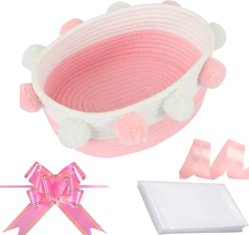Vista 3 de Cesta de regalo vacía para llenar con bolsa, lazo para tirar, tarjeta de felicitación y cinta para mujeres bebés, cesta de regalo rosa para baby