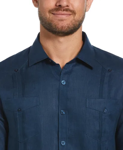 Vista 3 de Cubavera Camisa Guayabera de manga larga con cuatro bolsillos para hombre, 100 % de lino, detalle de pinzas, ajuste relajado