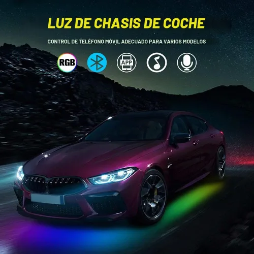 Vista 2 de Juego de 4 tiras de luces LED, lámpara de chasis de automóvil con control de aplicación, luces subterráneas RGB multicolor, 12 V, impermeable