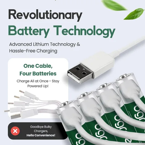 Vista 6 de bgreen Baterías AA recargables USB-C, paquete de 4, 3400 mWh, alto rendimiento, cable de carga 4 en 1 incluido, carga rápida de 1 hora