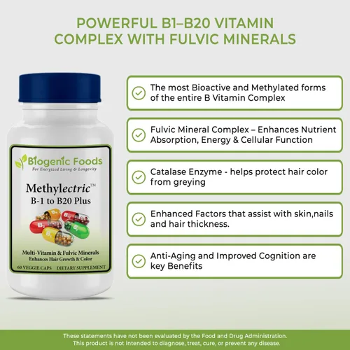 Vista 3 de Biogenic Foods Complejo B-50 Metilectric - B1 metilado - B20 multivitamínico y minerales fúlvicos, cápsulas vegetales