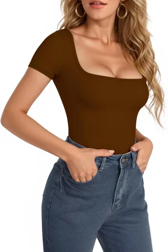Vista 47 de MANGOPOP - Body de manga corta con cuello cuadrado para mujer