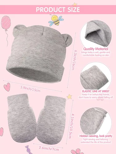 Vista 2 de Geyoga Juego de 12 guantes para recién nacido, gorro de algodón para bebés de 0 a 12 meses