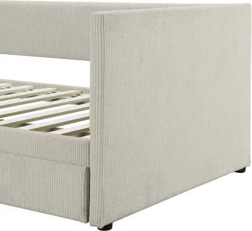 Vista 8 de Sofá cama de pana de tamaño individual con dos cajones, marco de sofá cama de madera maciza con soporte de listones de madera para dormitorio
