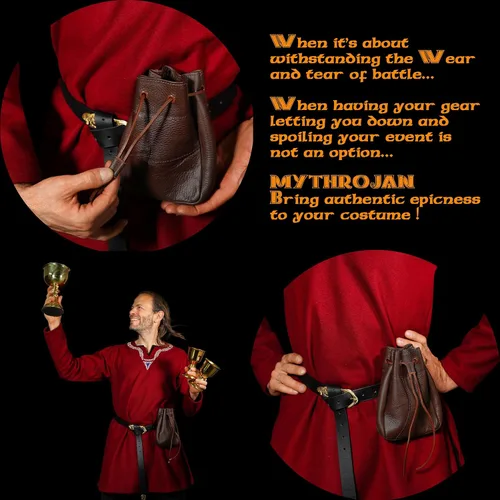 Vista 6 de Mythrojan Bolsa medieval con cordón, ideal para SCA LARP Reenactment & Ren fair cuero de grano completo