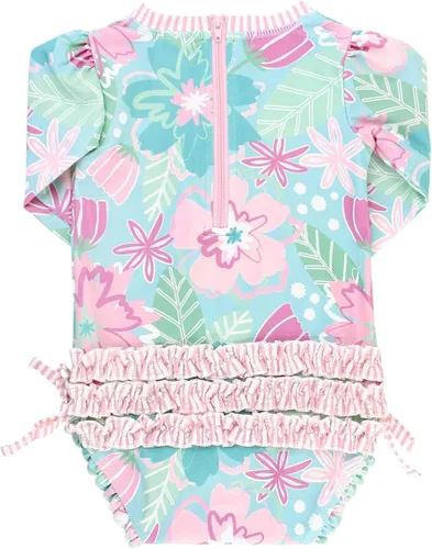 Vista 5 de RuffleButts® Traje de baño de una pieza de manga larga para bebés y niñas pequeñas con protección solar UPF 50+, En flor