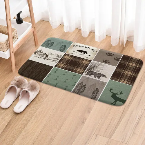 Vista 3 de Alfombras de baño de cabaña retro rústicas para baño, osos, ciervos, caza, animales salvajes, franela para baño, ducha, antideslizante, tapete a