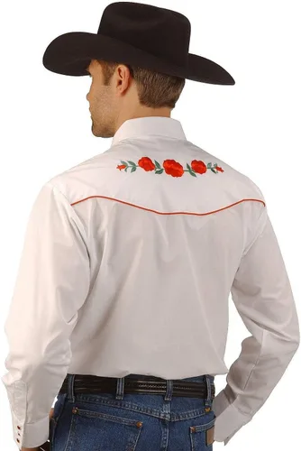 Vista 3 de ELY CATTLEMAN Camisa occidental de manga larga para hombre con bordado de rosas