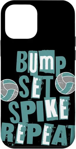 Vista 12 de iPhone 15 Parents Girls Volleyball Bump Set Spike Repeat Teal & Gray Case
