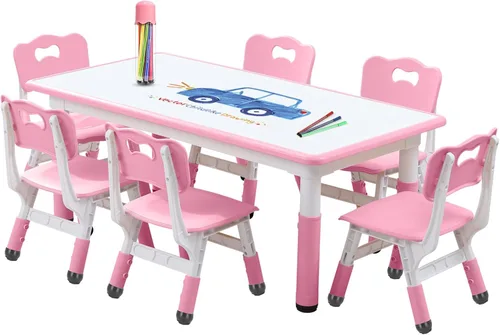 Vista 8 de Juego de mesa y silla para niños, altura ajustable, juego de mesa y silla para niños pequeños y 6 sillas con escritorio a prueba de grafiti, patas