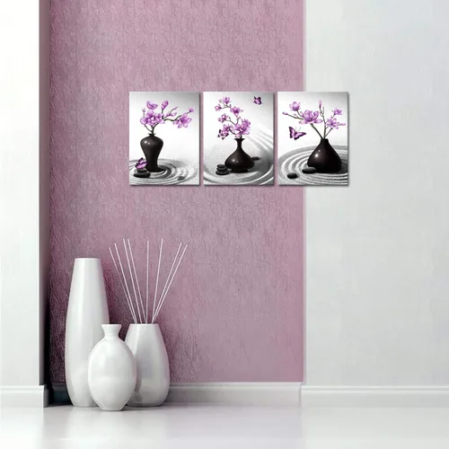 Vista 2 de Kalormore Zen Sand Canvas Wall Art Purple Magnolia Flores en Jarrón Negro Pintura Abstracta Floral Estampados Decoración Arte Contemporáneo