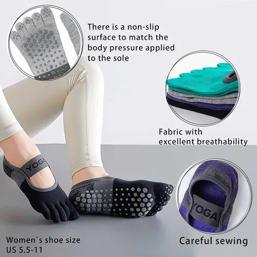 Vista 4 de QQOLi Calcetines de yoga antideslizantes Agarre fuerte y cinco dedos para mujeres, pilates, soporte deportivo antideslizante, cojín para mujer