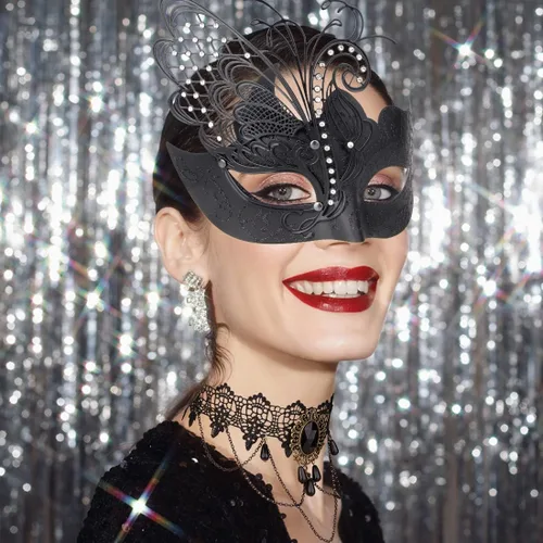 Vista 6 de IETANG Máscara de mascarada para parejas, juego de máscaras venecianas de Mardi Gras con collar y corbatín